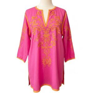 Gretchen Scott Pink Orange Floral Embroidered Cotton Tunic Top Women's size S